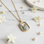 Gold Rectangular Pearl & Teal Tulip Pendant Necklace - Pearl Bloom & Enamel Flower