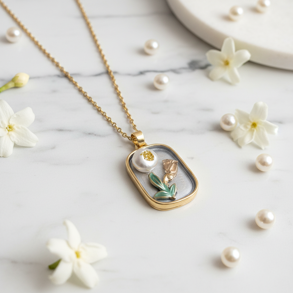 Gold Rectangular Pearl & Teal Tulip Pendant Necklace - Pearl Bloom & Enamel Flower