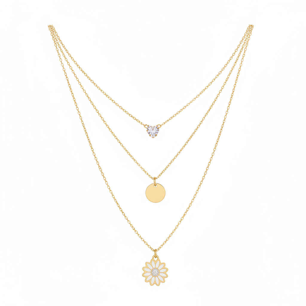 Triple Layer Gold Daisy Necklace Set
