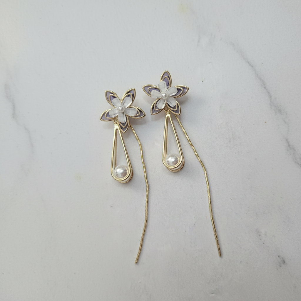 Gold Flower Pearl Drop Earrings - Purple