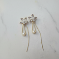 Gold Flower Pearl Drop Earrings - Purple