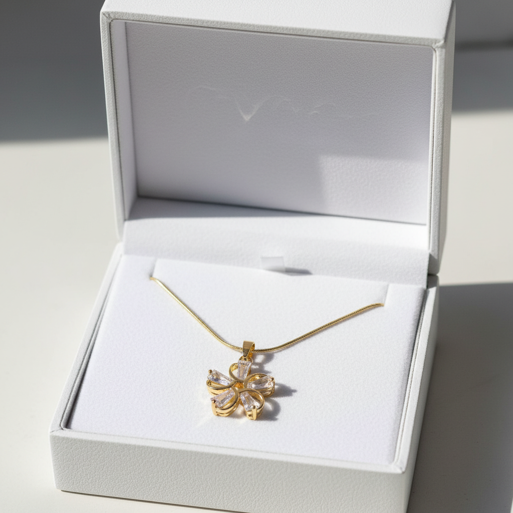 Gold Crystal Flower Pendant Necklace - Stainless Steel Gold Snake Chain