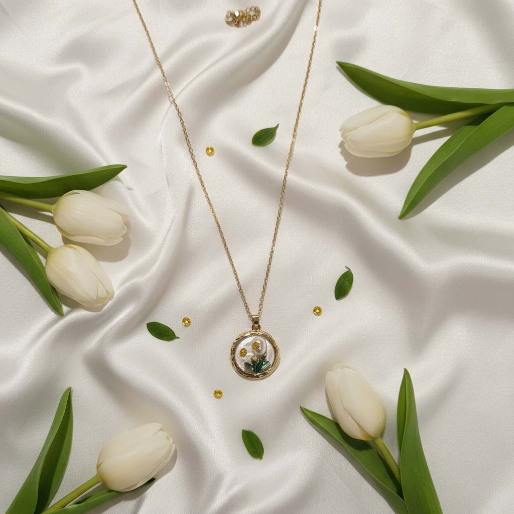 Gold Round White Tulip & Crystal Pendant Necklace - Teal Enamel Leaves & Yellow Crystals