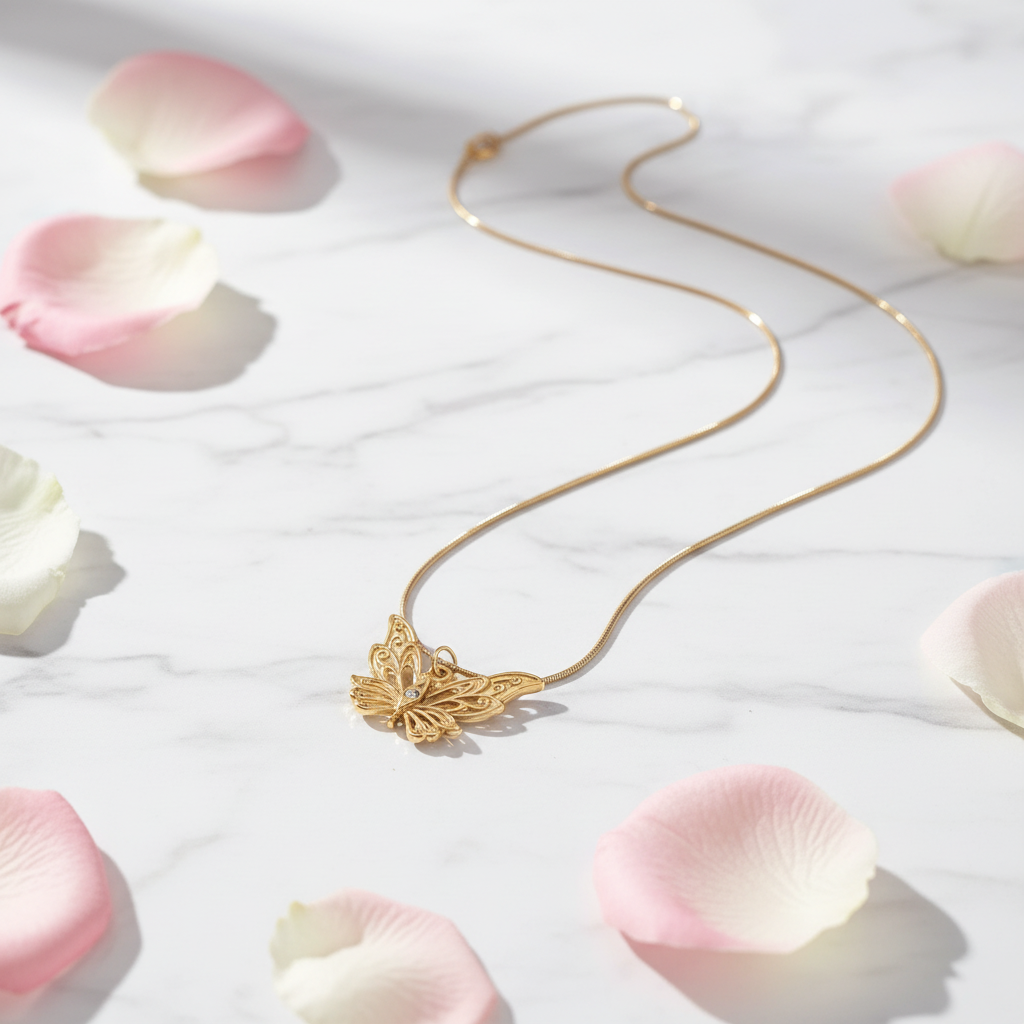 Gold Butterfly Pendant Necklace - Stainless Steel Snake Chain