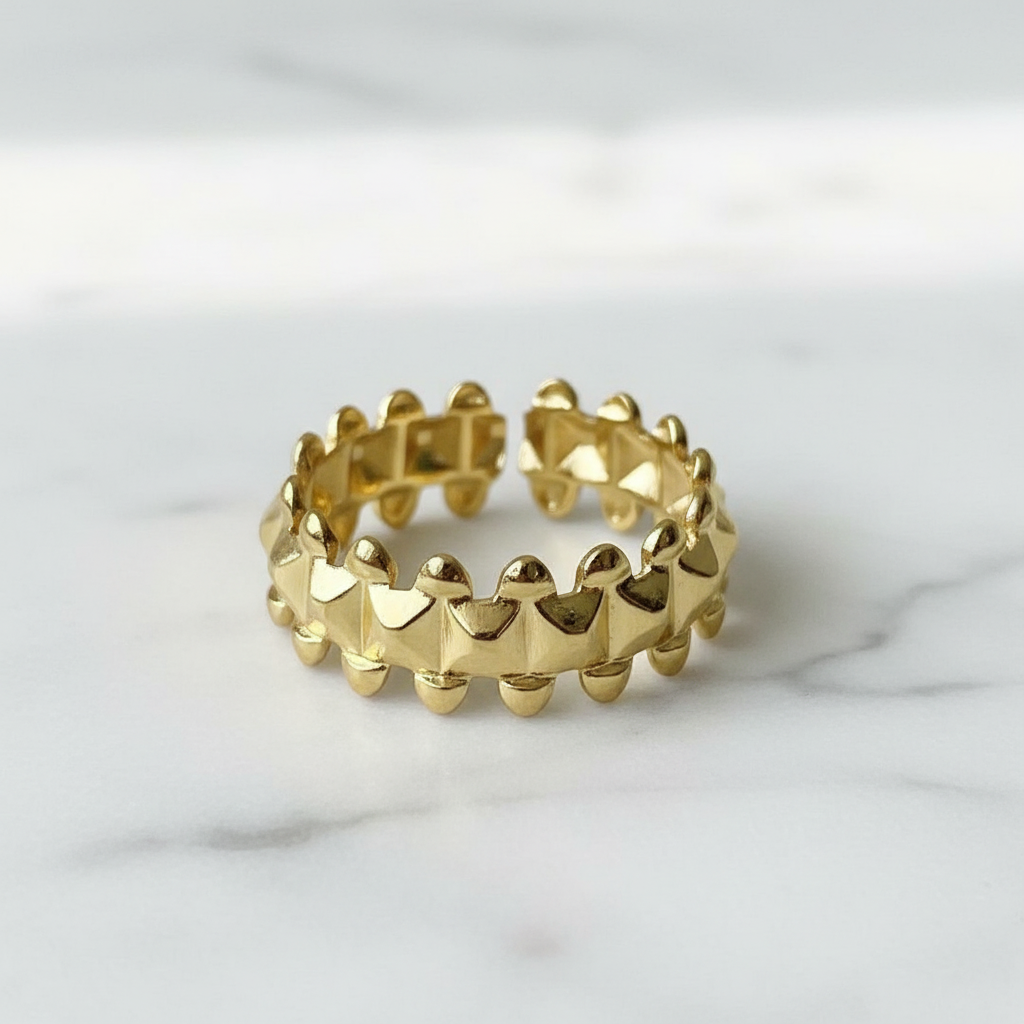 Gold Double Spike Pyramid Crown Open Cuff Ring - white marble product shot