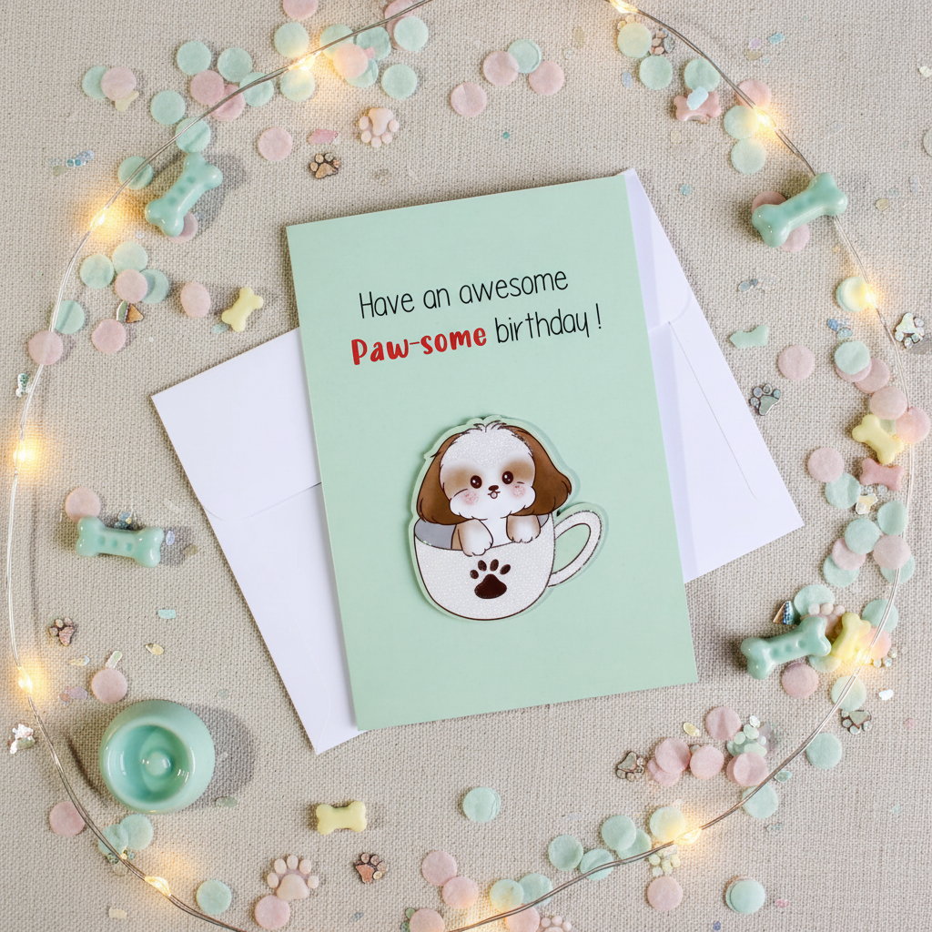 Flat lay composition of puppy birthday card with envelope and celebration decorations