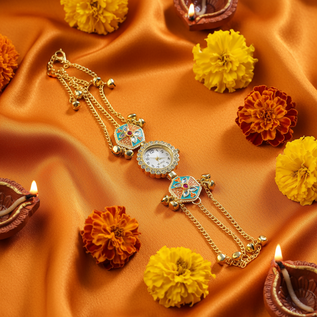 Hexagonal Meenakari Sunflower Bracelet Watch - Orange Silk Festive Flat Lay