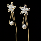Gold Flower Pearl Drop Earrings - Purple