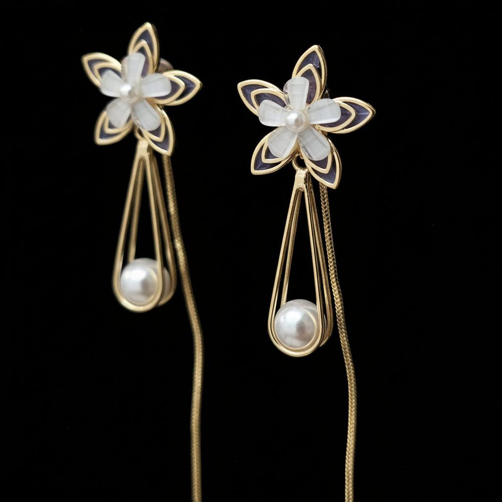 Gold Flower Pearl Drop Earrings - Purple