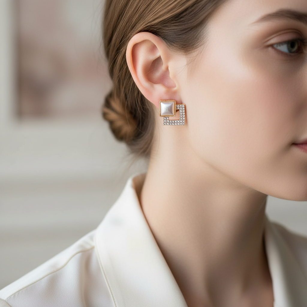 Model wearing Violet Vows gold-tone square pearl and rhinestone stud earrings