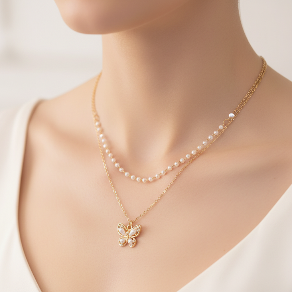 Gold Double Layer Pearl & Butterfly Necklace - Pearl Beaded Chain & Filigree Pendant