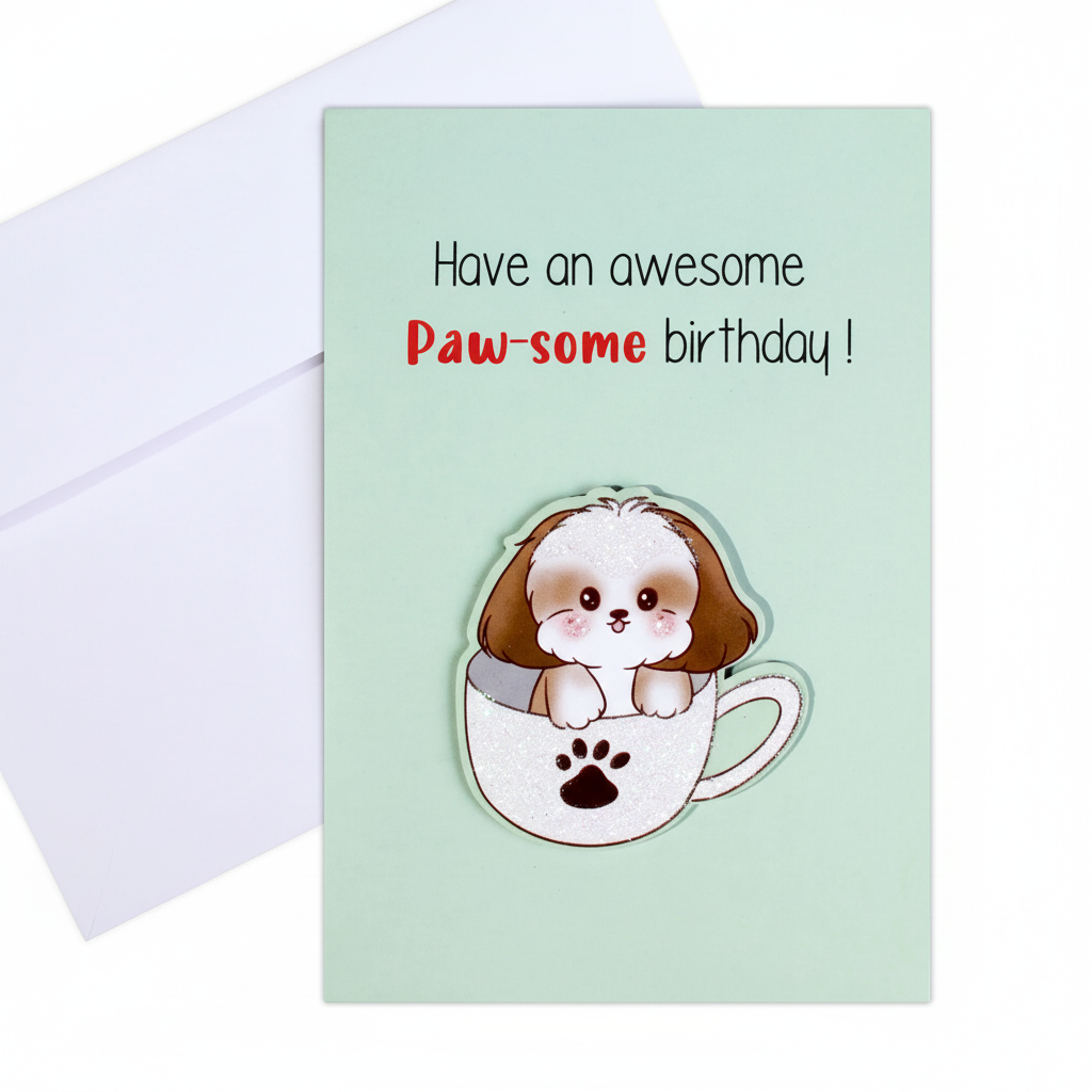 Close-up detail of adorable Shih Tzu puppy in teacup with paw print