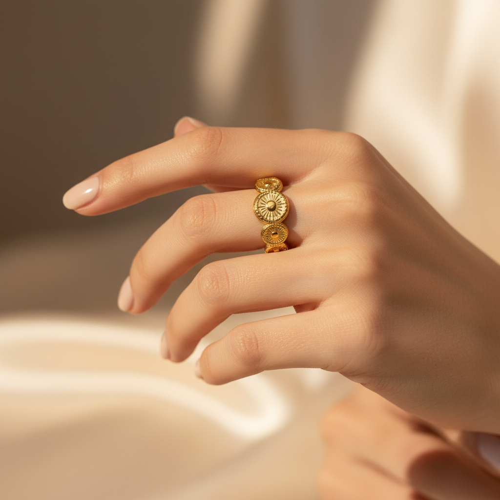 Gold coin ring worn on woman's finger