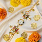 Multicolour Meenakari Star Charm Bracelet Watch - Ivory Silk Festive Flat Lay