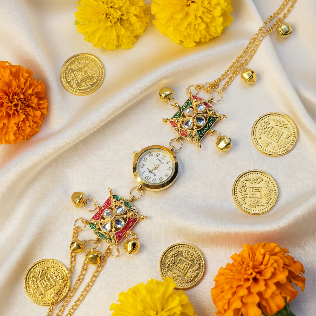 Multicolour Meenakari Star Charm Bracelet Watch - Ivory Silk Festive Flat Lay