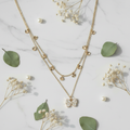 Double Layer Gold Butterfly Necklace with Crystal Droplets