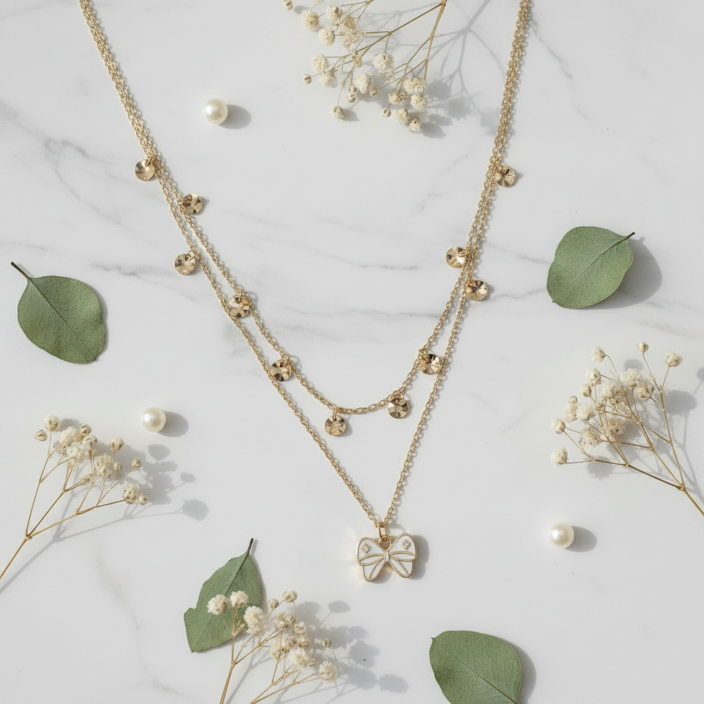 Double Layer Gold Butterfly Necklace with Crystal Droplets