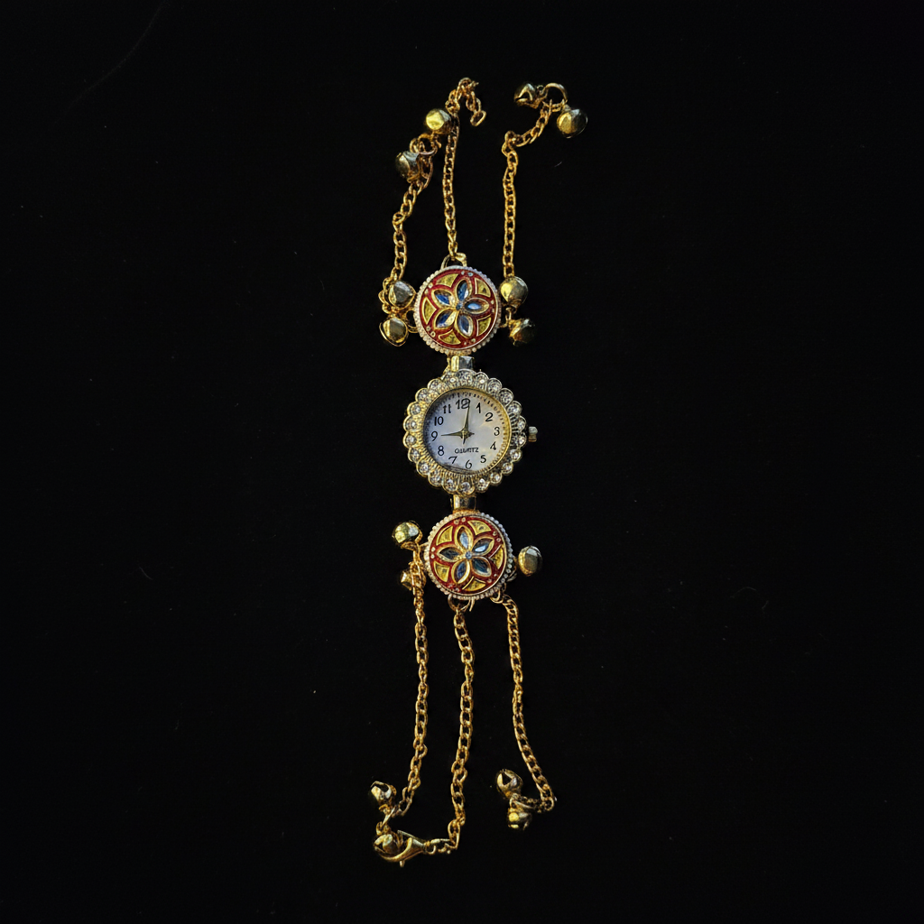 Red Kundan Filigree Sunflower Bracelet Watch - Dark Velvet Background