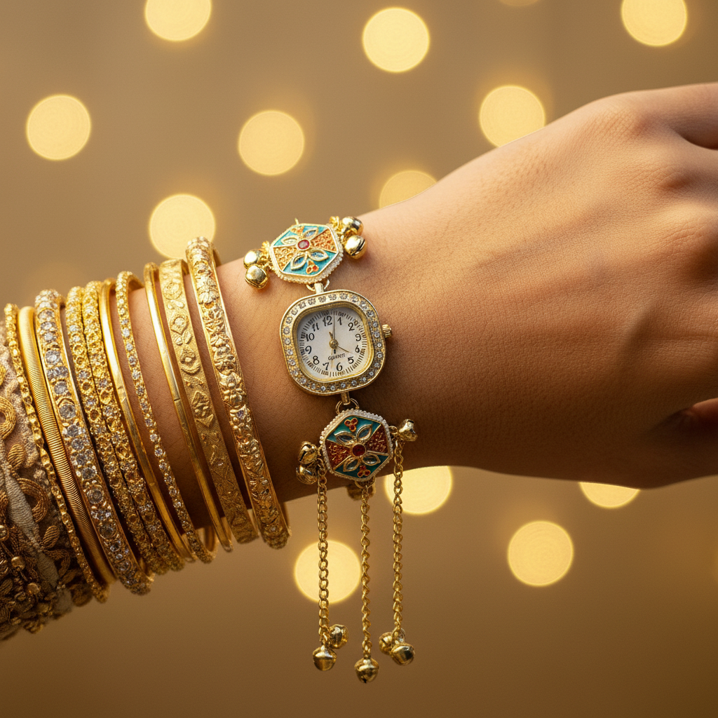 Meenakari Bracelet Watch - Lifestyle Wrist Shot with Bangles