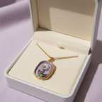 Gold Lavender Enamel Floral Pendant Necklace - White Flower & Teal Leaf