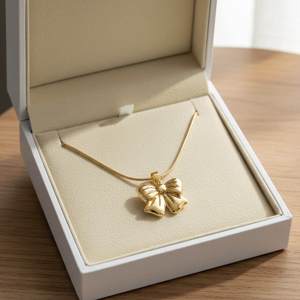 Gold 3D Bow Pendant Necklace - Stainless Steel Gold Snake Chain