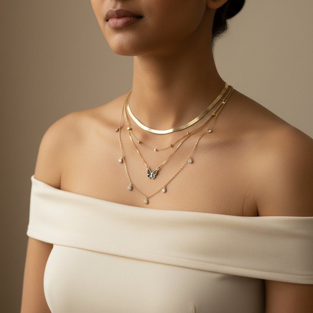 Model wearing 4-piece gold anti-tarnish necklace combo - layered herringbone, butterfly pendant, crystal charm, and satellite bead chains