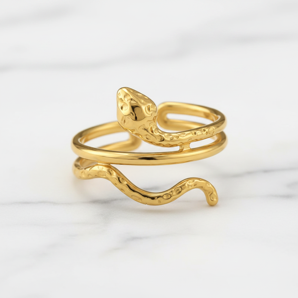 Gold Serpent Snake Wrap Open Ring - white marble product shot