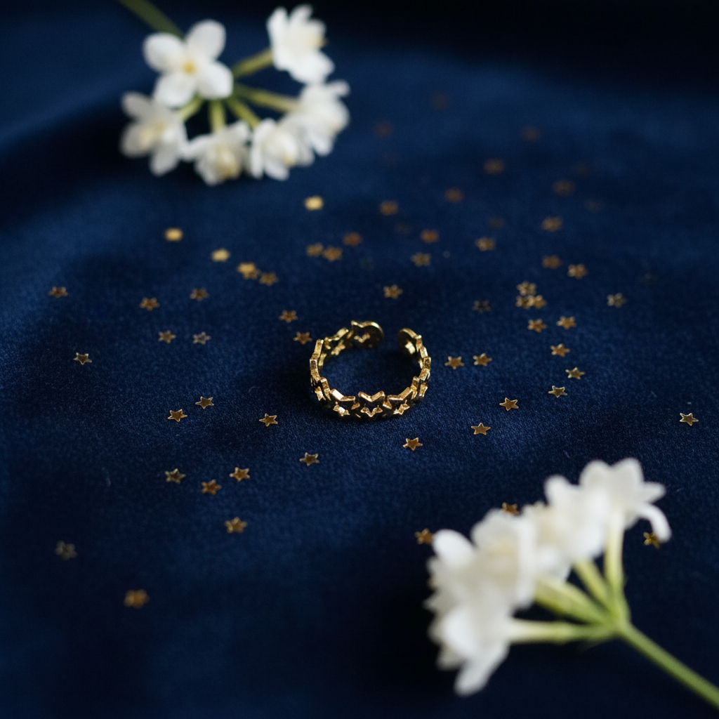 Gold linked star cutout band open cuff ring on navy velvet with gold star confetti and white flowers