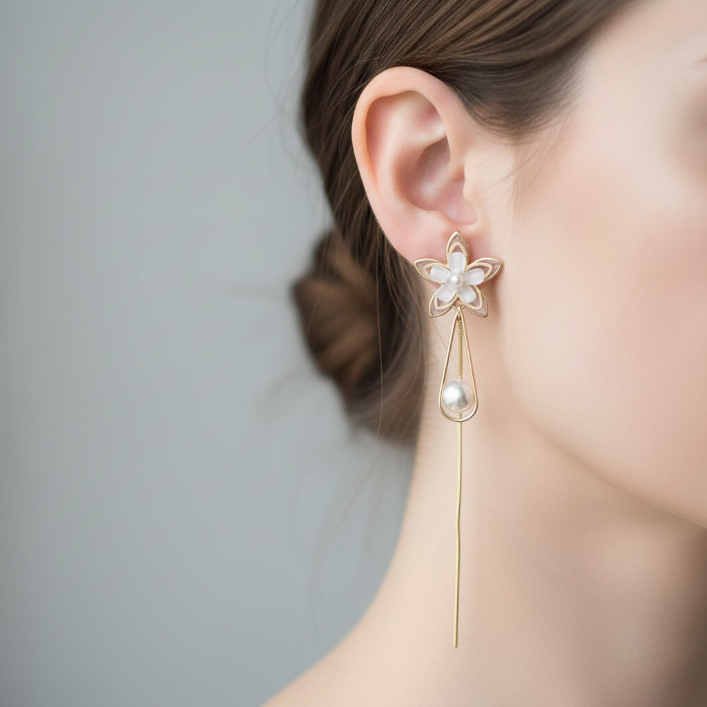 Gold Blush Flower Pearl Drop Earrings