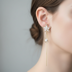 Gold Blush Flower Pearl Drop Earrings