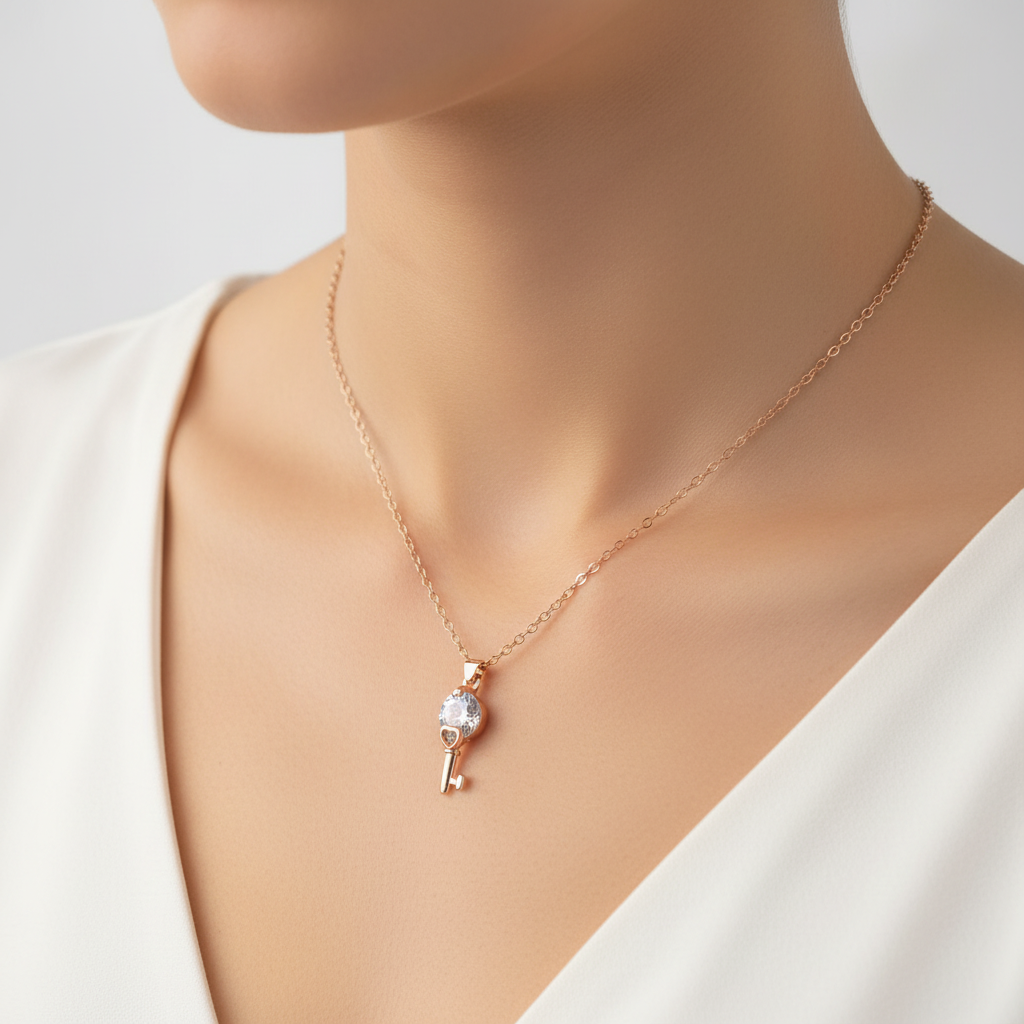 Rose Gold Crystal & Key Charm Pendant Necklace