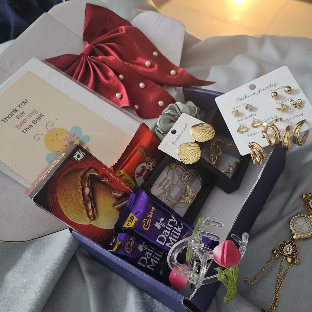 Gift packaging shot of Violet Vows jewelry set with gold necklaces, earrings, and chocolates