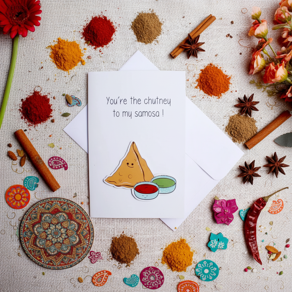 Flat lay composition of samosa greeting card with envelope and Indian-inspired decorative elements