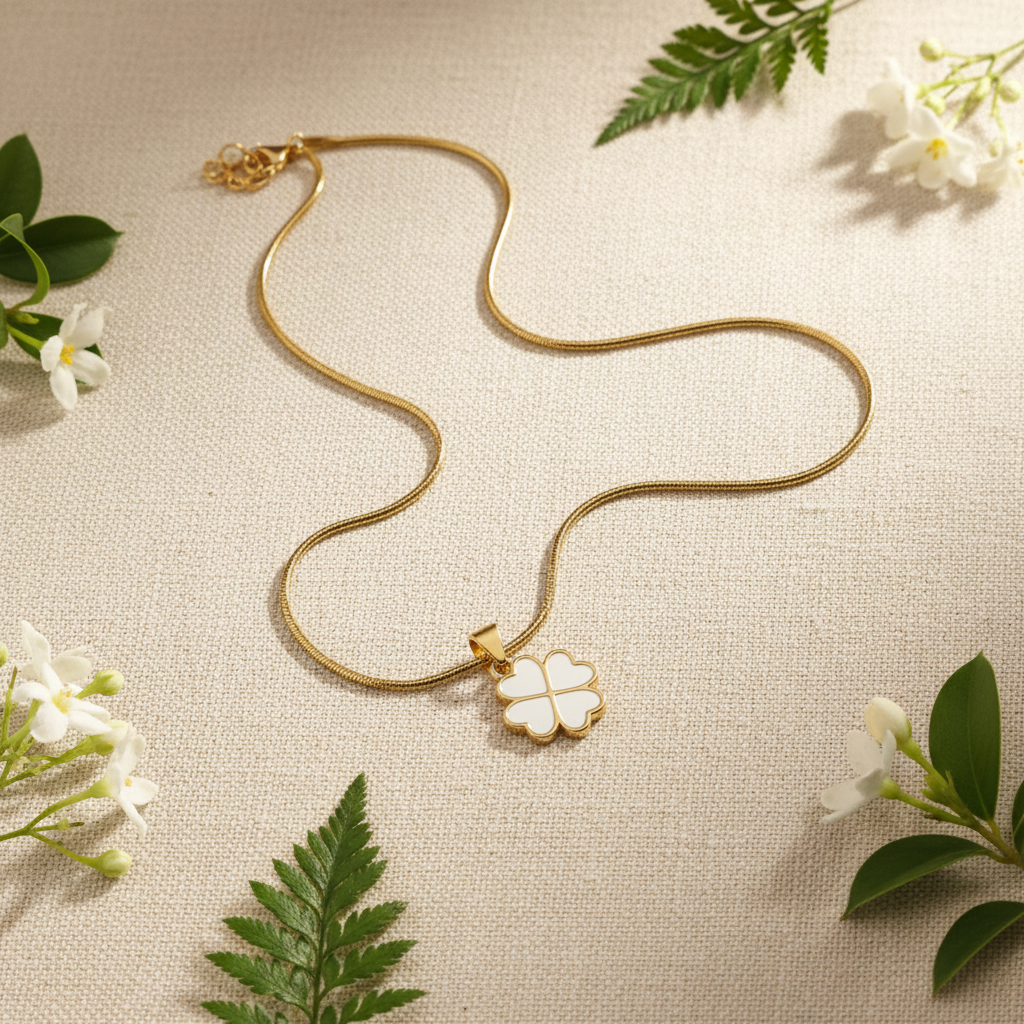White Enamel 4-Leaf Clover Pendant Necklace | Anti-Tarnish Gold Snake Chain
