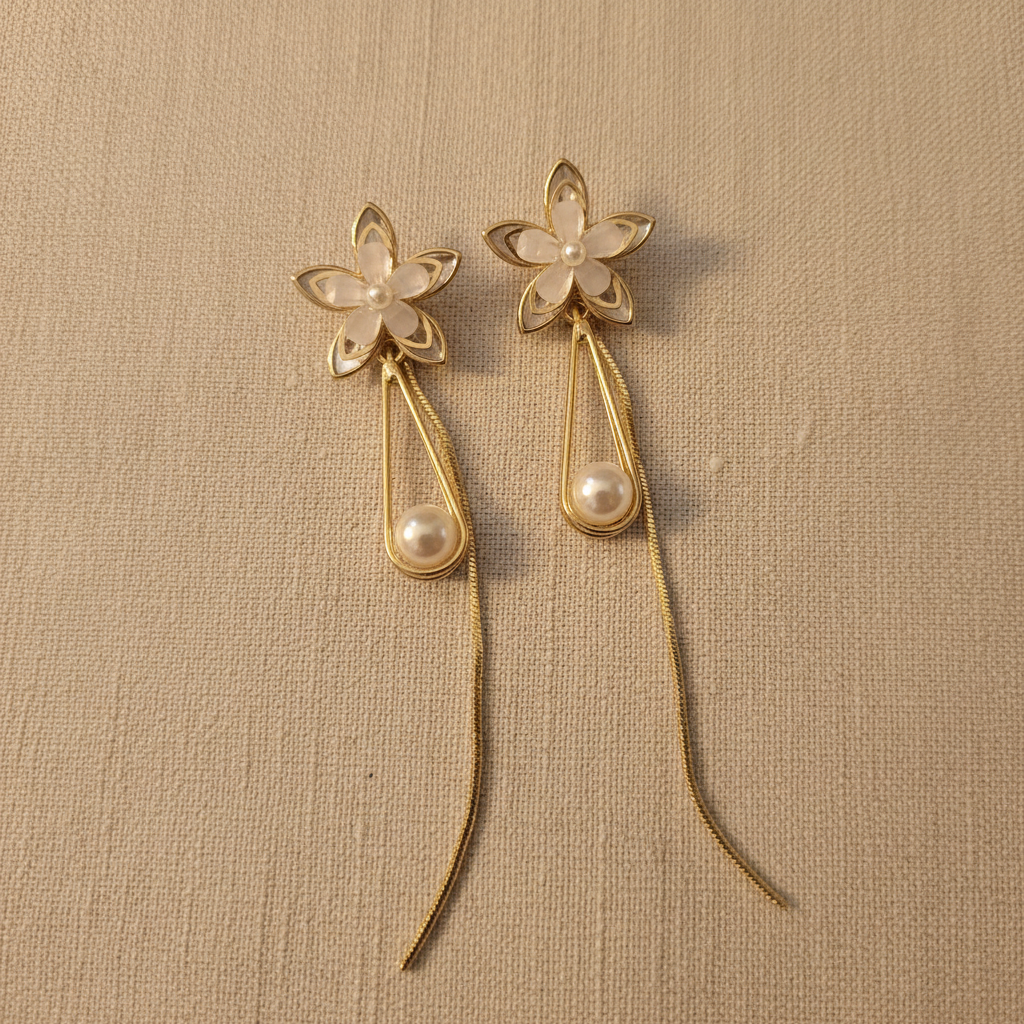 Gold Crystal Flower Pearl Drop Earrings