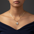 Model wearing CZ sunburst cluster pendant necklace on gold herringbone snake chain - sparkling round and pear CZ stones with gold swirl design