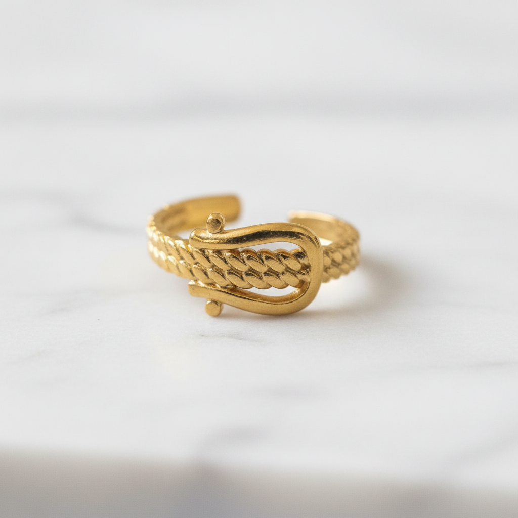Gold belt buckle braided chain open cuff ring on white marble surface