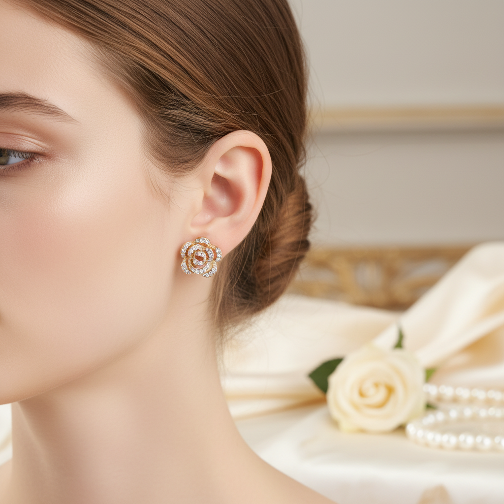 Model wearing gold rose stud earrings with clear crystals by Violet Vows