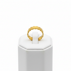 Gold vertical bar link wide band open cuff ring on white jewelry stand, clean studio shot