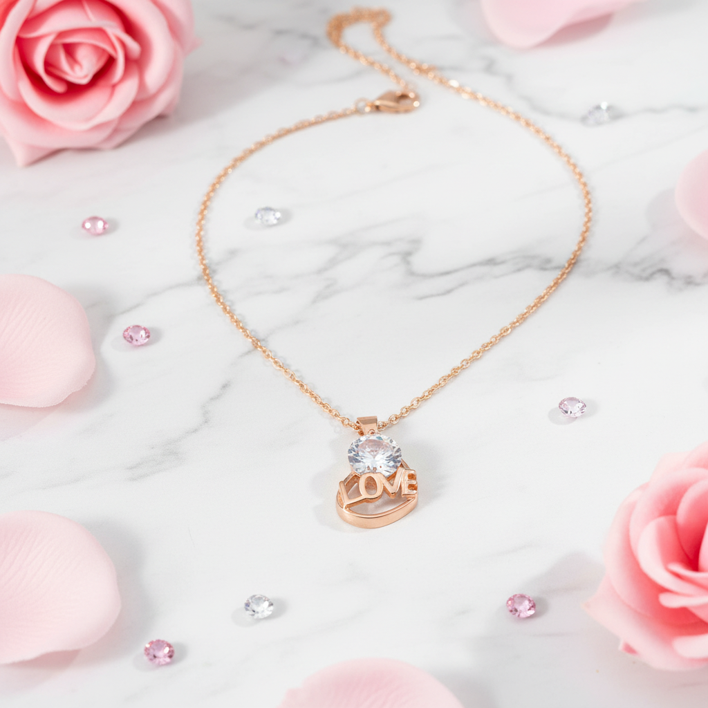 Crystal LOVE Heart Pendant Necklace – Gold Chain