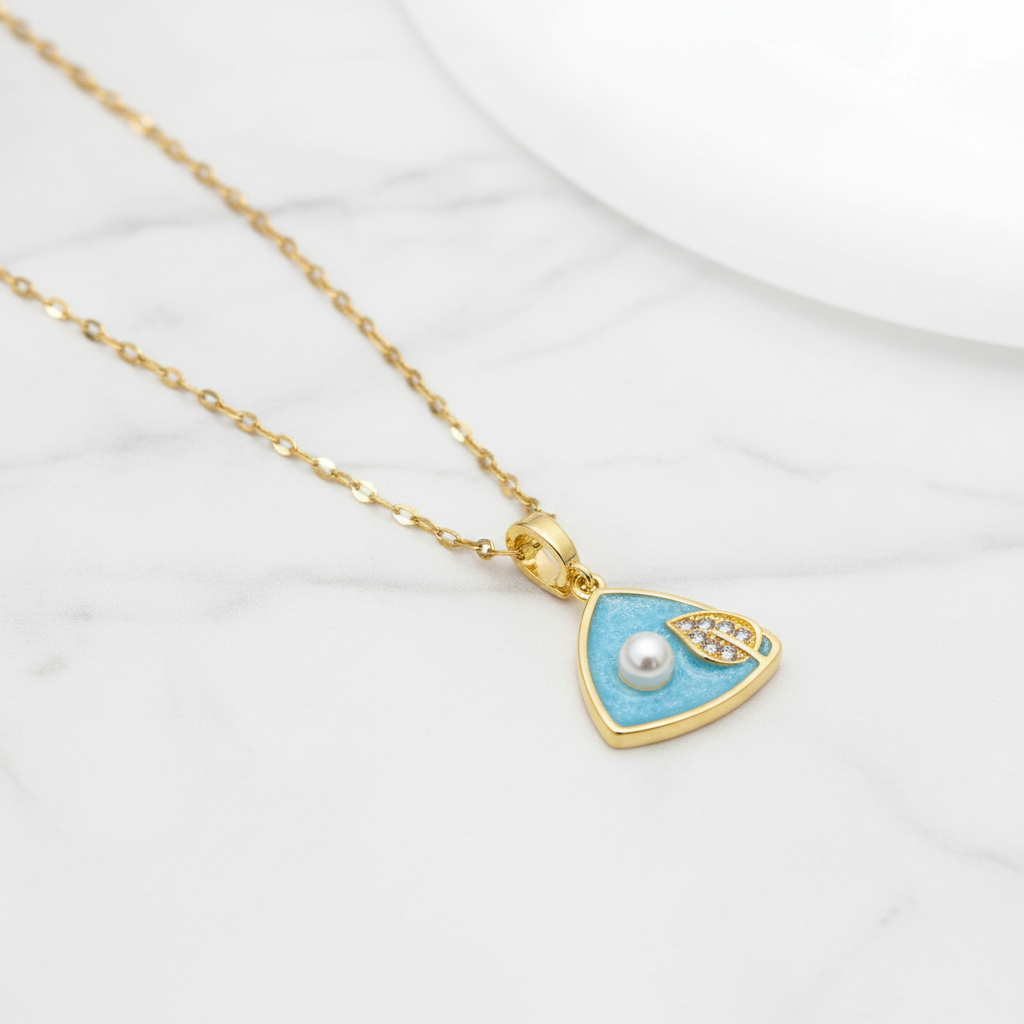 Blue Triangle Pearl & CZ Pendant Necklace | Anti-Tarnish Gold Chain