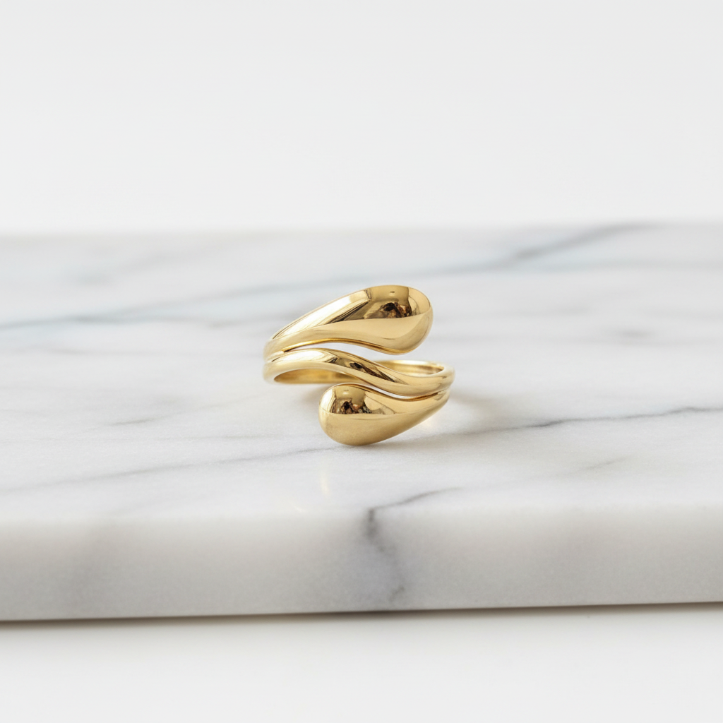 Gold Liquid Drop Wrap Open Ring - white marble product shot