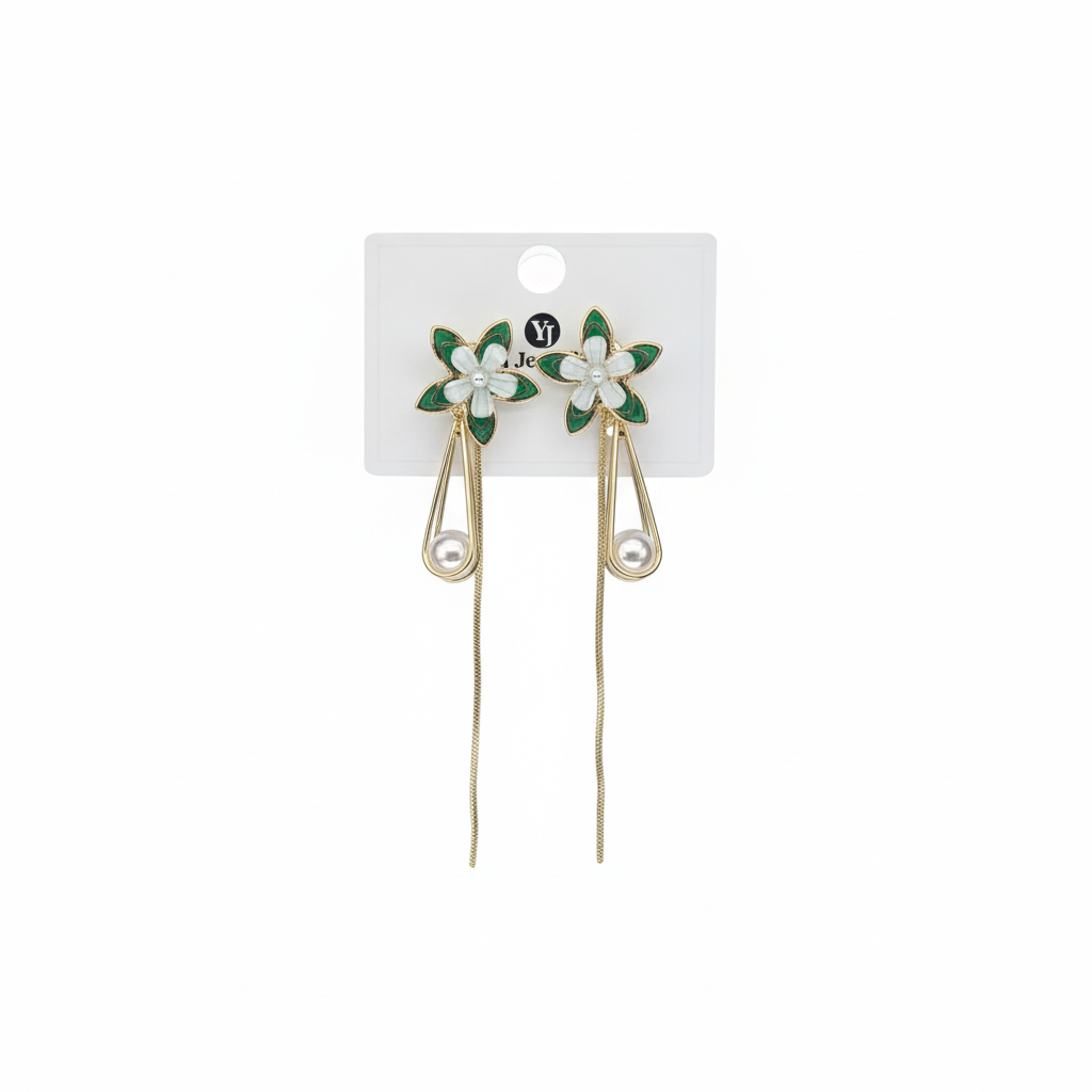 Green Flower Chain Tassel Earrings