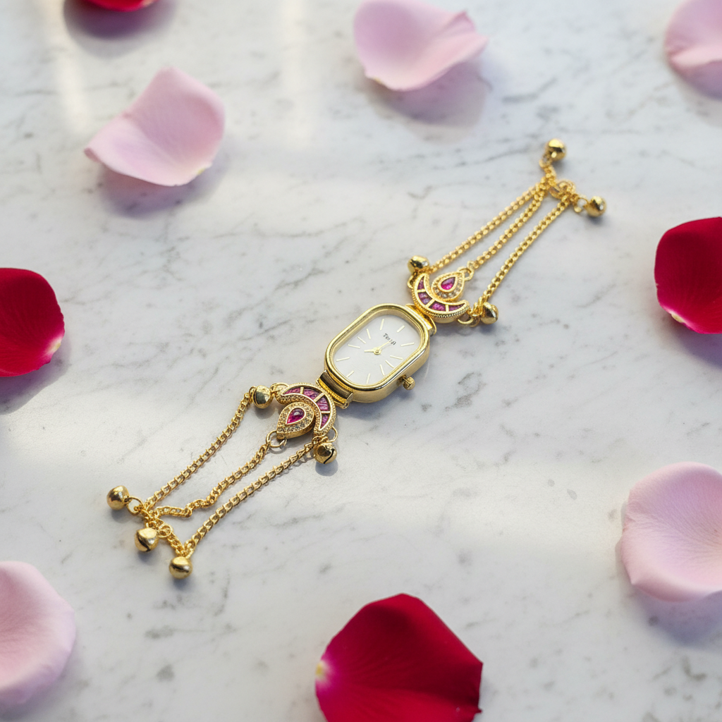 Peacock Charm Bracelet Watch - Marble Flat Lay with Rose Petals