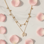 Double Layer Gold Butterfly Necklace with Crystal Droplets