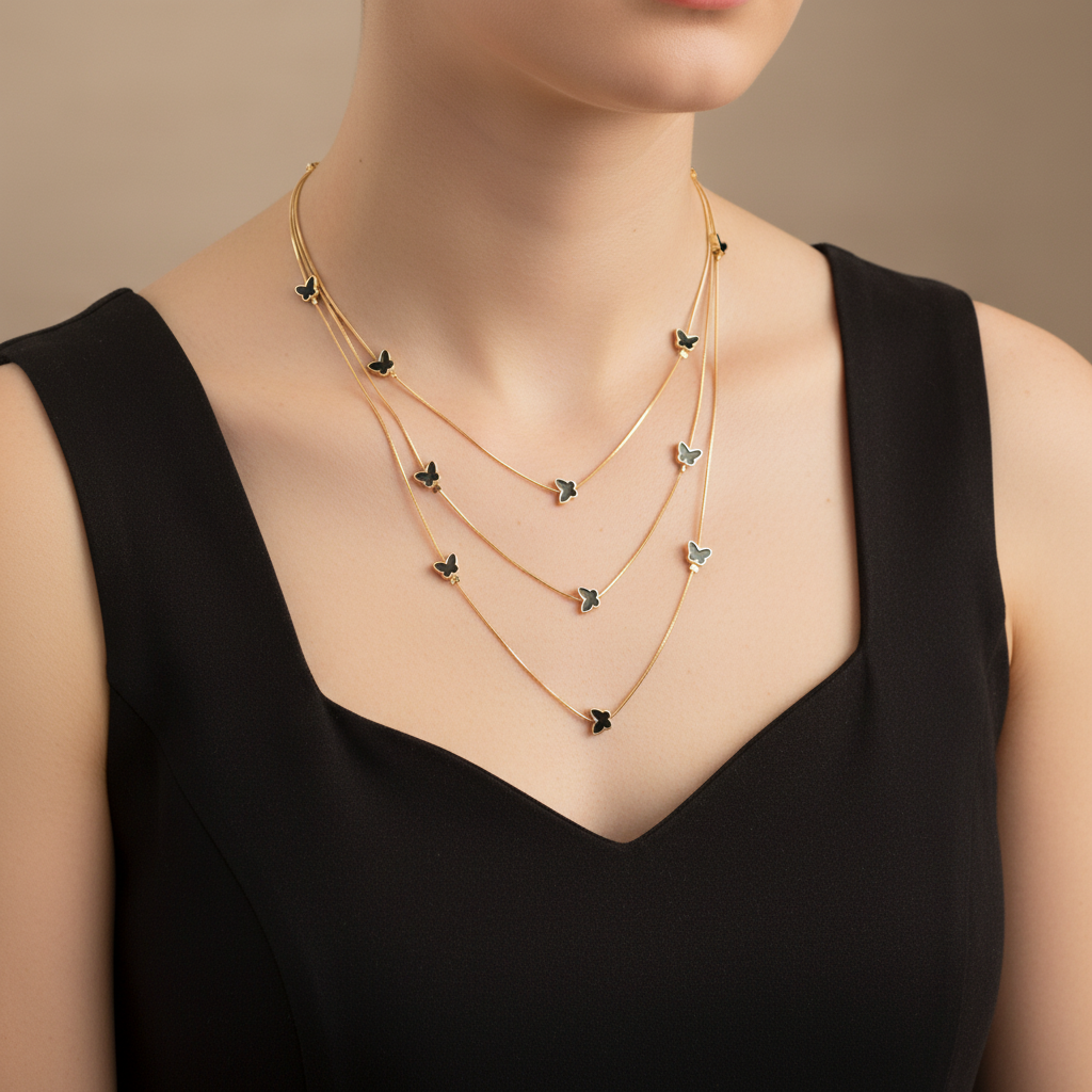 Gold 3-Layer Butterfly Chain Necklace - Black Enamel Butterfly Layered Necklace