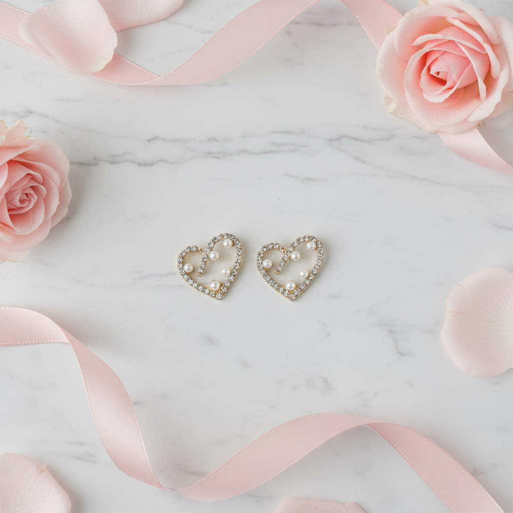 Heart Crystal Pearl Stud Earrings