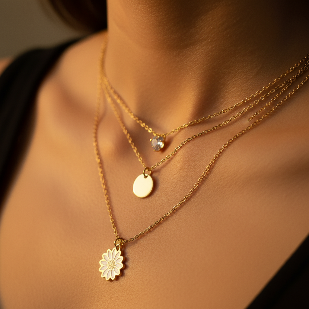 Triple Layer Gold Daisy Necklace Set