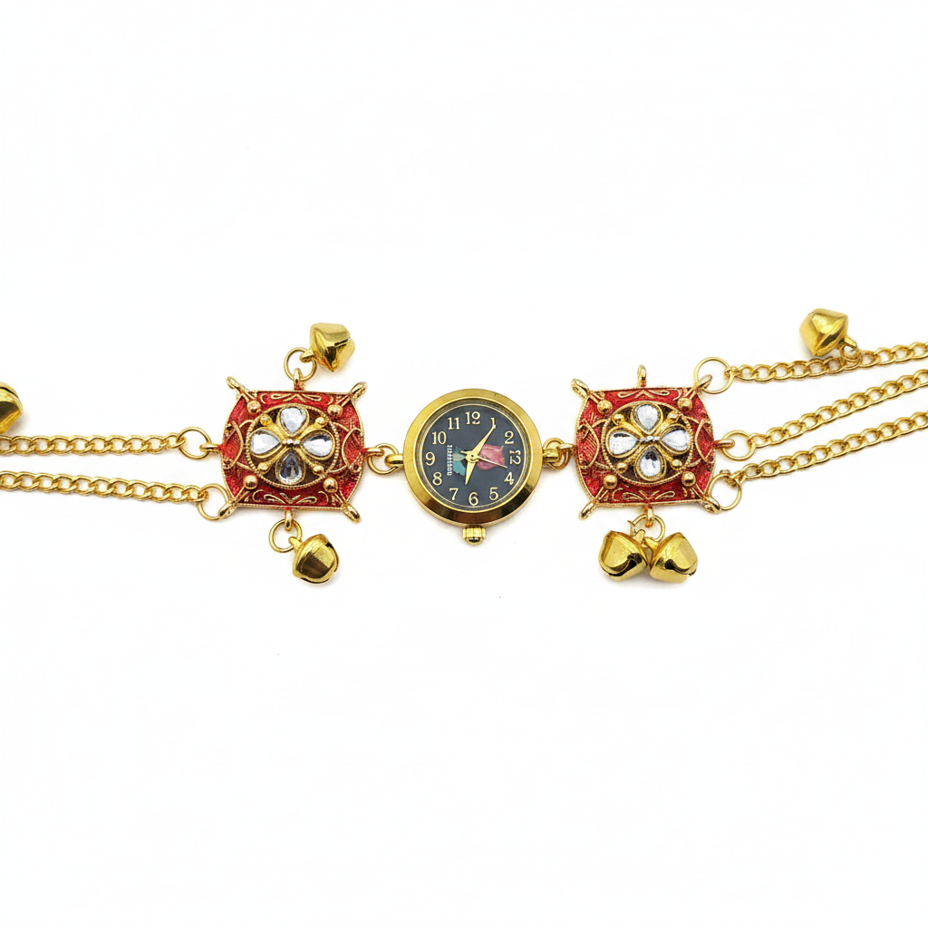 Red Meenakari Star Charm Bracelet Watch - White Background Studio Shot
