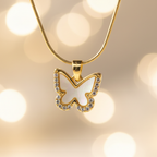 White Enamel Crystal Butterfly Pendant Necklace - Stainless Steel Gold Snake Chain